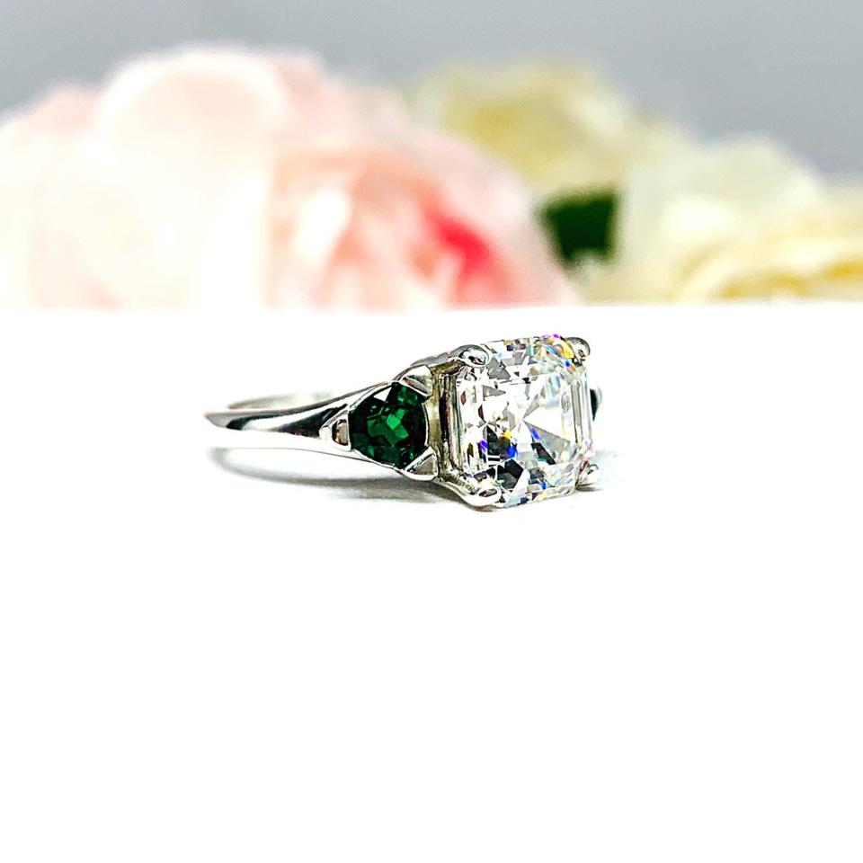 Asscher CZ Lab Created Emerald Engagement Ring - 3 Stone - Emerald Trillion Side Stones - Sterling Silver