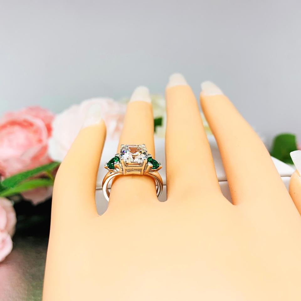 Asscher CZ Lab Created Emerald Engagement Ring - 3 Stone - Emerald Trillion Side Stones - Sterling Silver