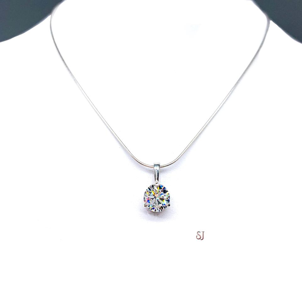 Round CZ Martini Pendant Neckace 3 Prong Sterling Silver Near Colorless Cubic Zirconia