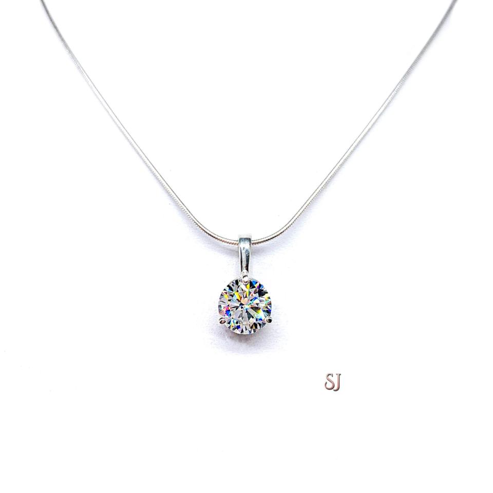 Round CZ Martini Pendant Neckace 3 Prong Sterling Silver Near Colorless Cubic Zirconia