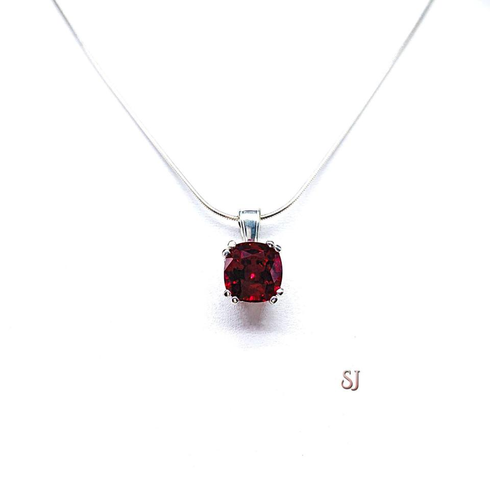 Lab Ruby Cushion Pendant 9mm Sterling Silver Necklace Water Lily Design July Birthstone