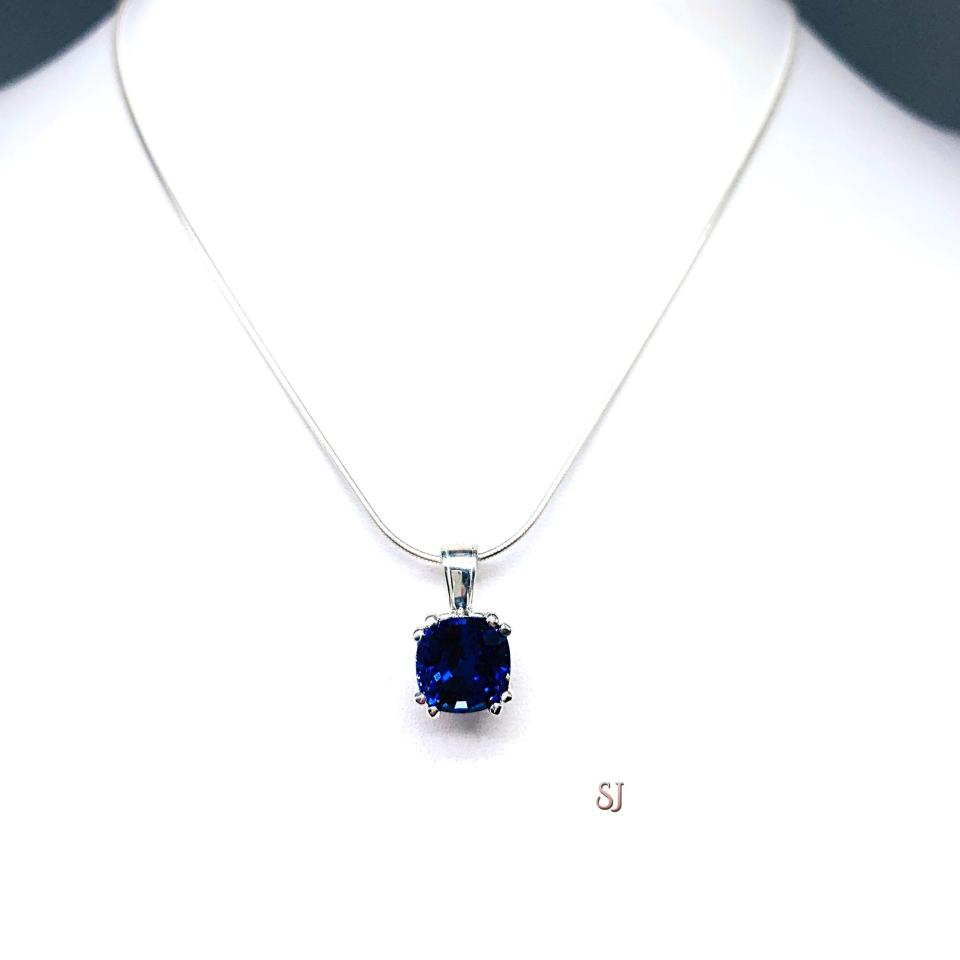 Lab Blue Sapphire Cushion Pendant 9mm Sterling Silver Necklace Water Lily Design September Birthstone