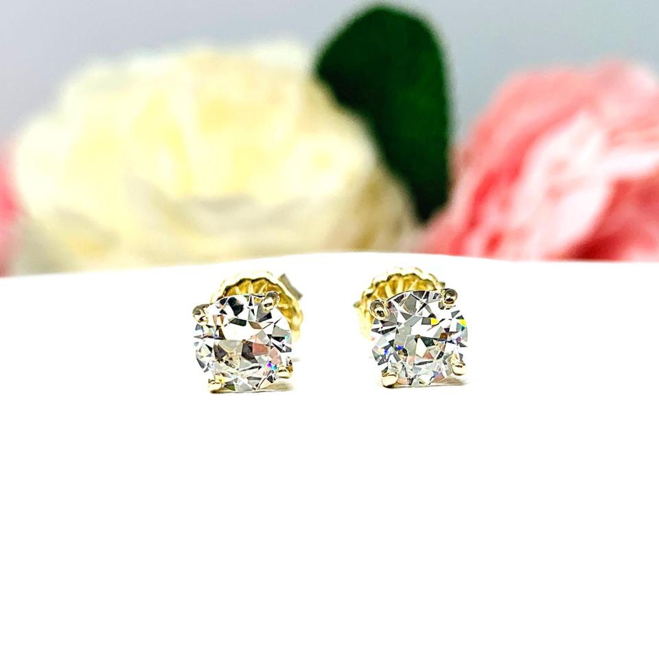 Old European Cut CZ Stud Earrings • 6.5mm—7.5mm, Near Colorless, Sterling Silver, 10k Gold