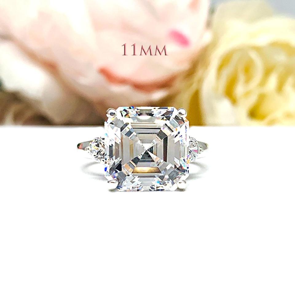 Asscher Cubic Zirconia 3-Stone Ring – 8mm-11mm, Round Accents, Sterling Silver