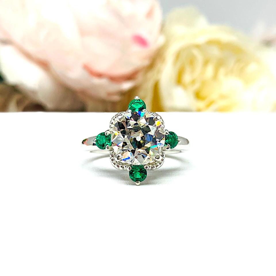 Art Deco Round Cubic Zirconia Engagement Ring – 7mm-9mm, Lab Emerald Accents, Sterling Silver