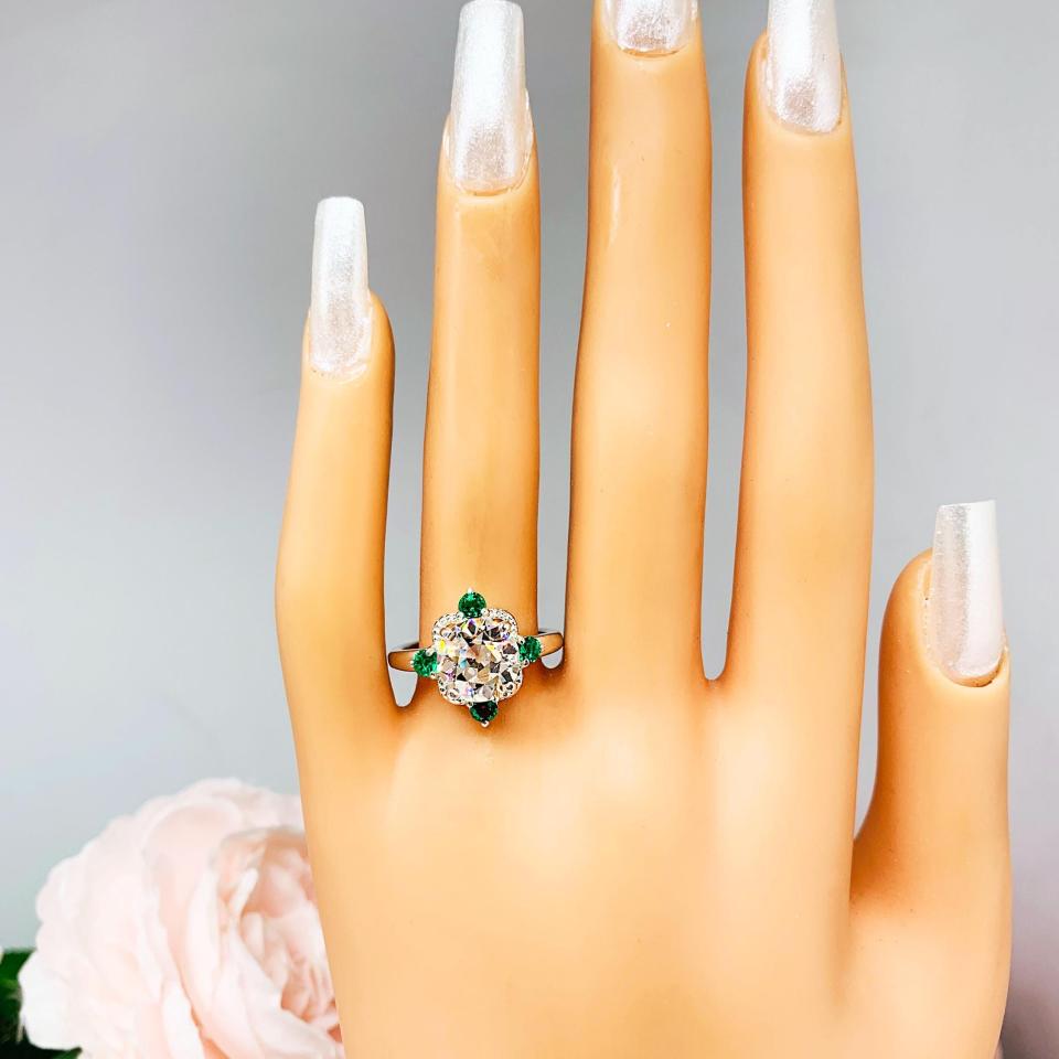 Art Deco Round Cubic Zirconia Engagement Ring – 7mm-9mm, Lab Emerald Accents, Sterling Silver