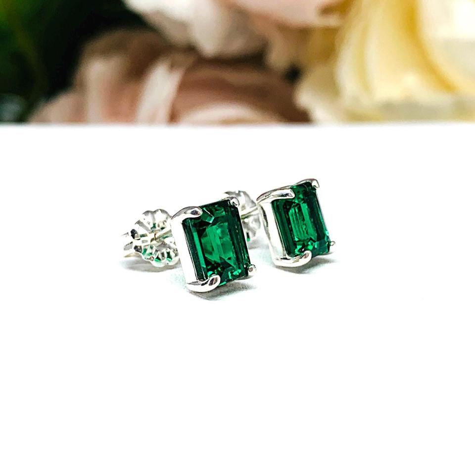 Emerald Cut Lab Emerald Stud Earrings - Sterling Silver Settings -  May birthstone gift