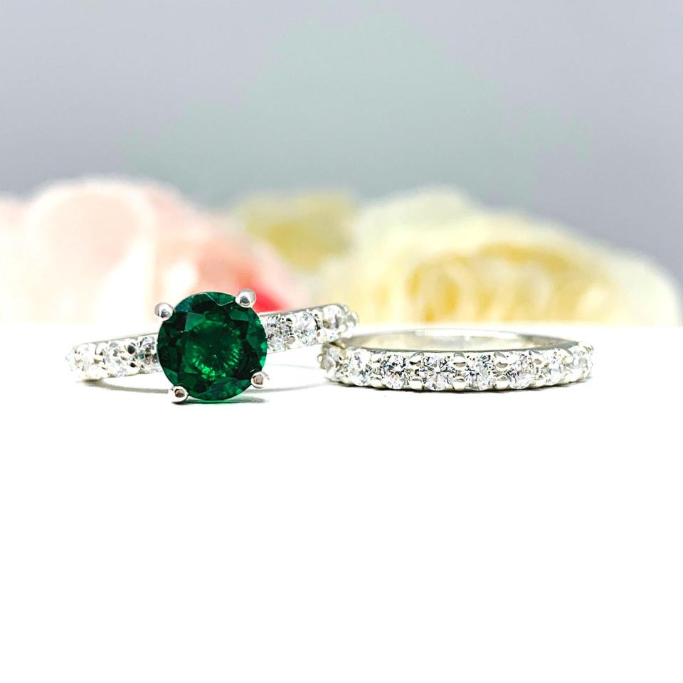 Lab Emerald Round CZ Pave Bridal Ring Set – 6.5mm - 8mm, Sterling Silver