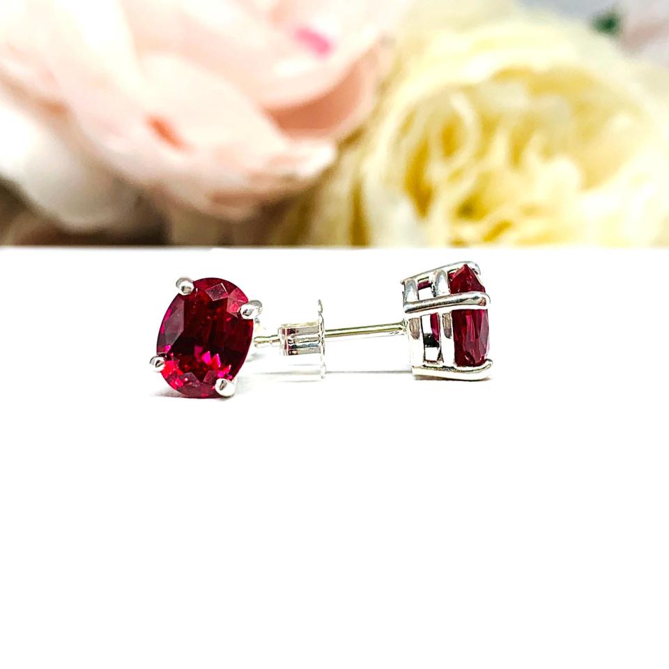 Oval Lab Ruby Stud Earrings – 8x6mm, Sterling Silver