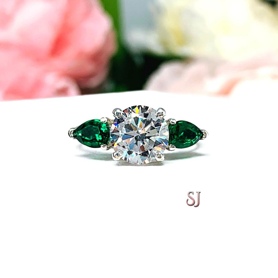 Round-Cut CZ & Lab Emerald Pear 3-Stone Engagement Ring • 8mm Center, Sterling Silver