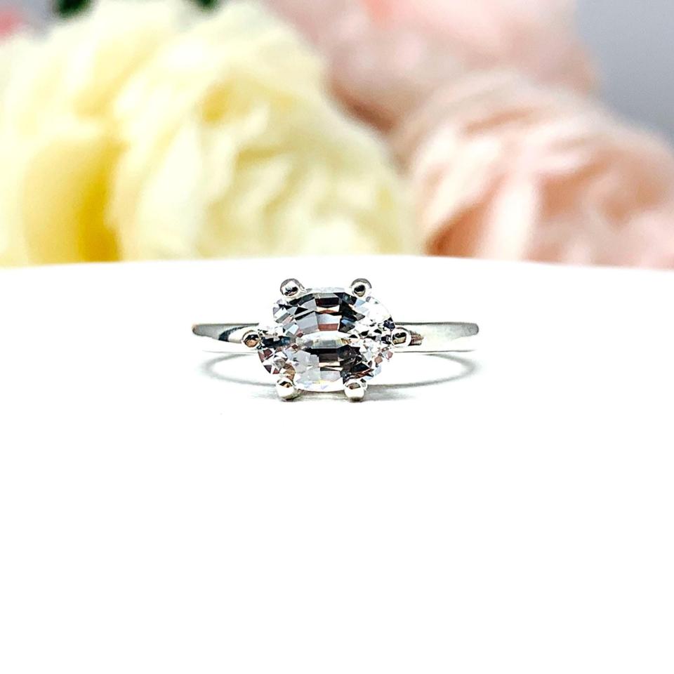 Lab White Sapphire Oval Horizontal Set Ring Size 5 – 8x6mm, Sterling Silver