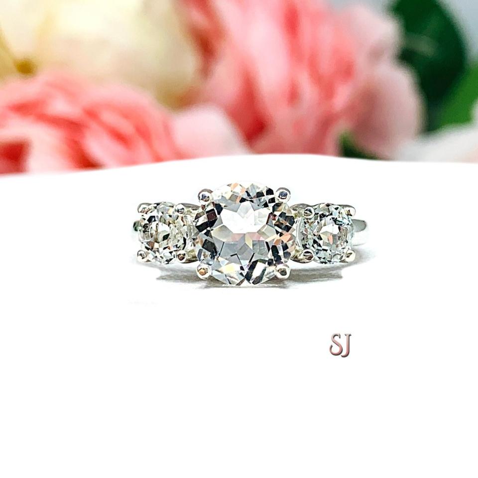 Round-Cut White Topaz 3-Stone Ring • 8mm Center, Sterling silver