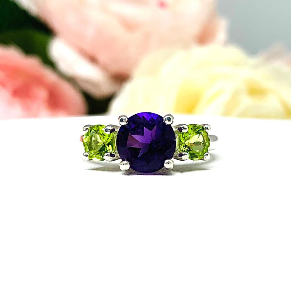 Round-Cut Amethyst & Peridot 3-Stone Ring • 8mm Center, Sterling Silver