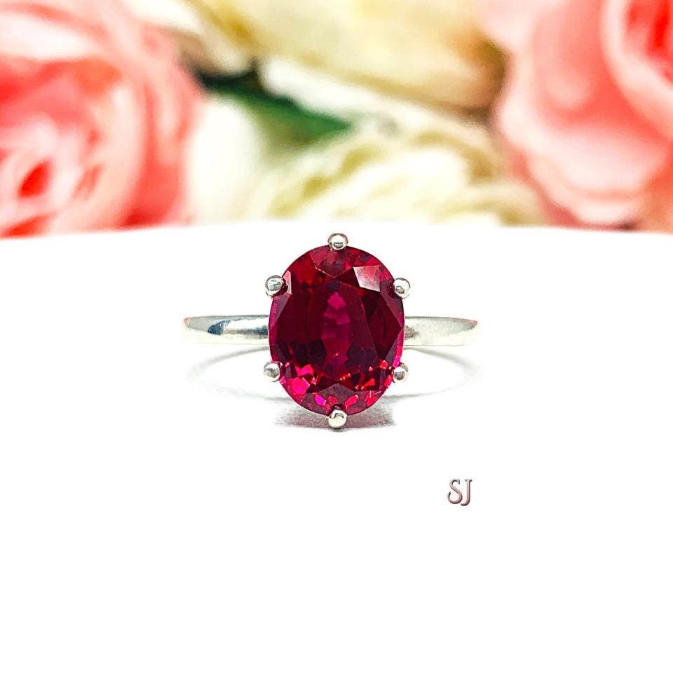 Oval-Cut Lab Ruby Solitaire Ring • 8x6mm—10x8mm, Sterling Silver