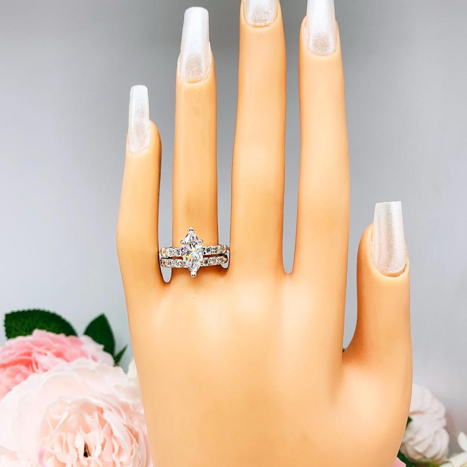 Marquise Cubic Zirconia Pave Bridal Ring Set – 10x5mm - 14x7mm, Sterling Silver