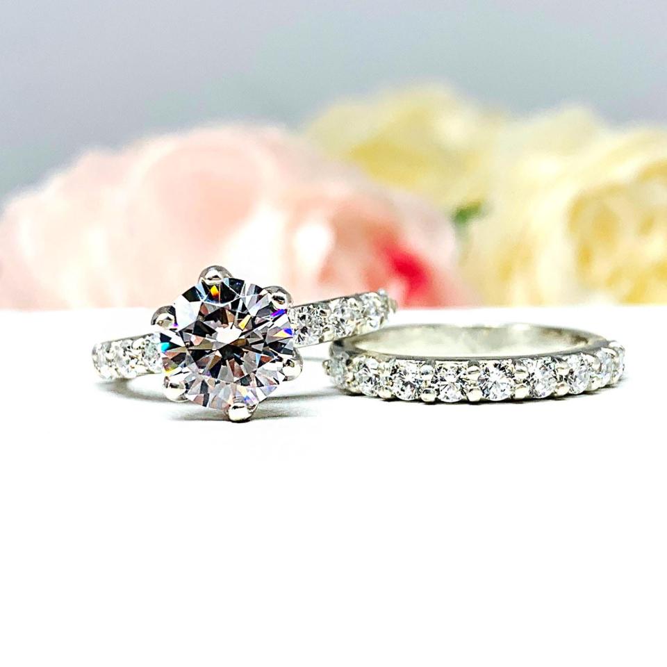 Round Cubic Zirconia Pave Bridal Ring Set – 6.5mm - 8mm, Sterling Silver, 6-Prong