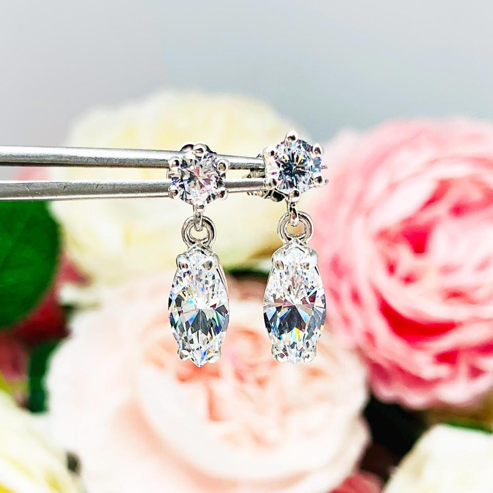 Round & Marquise-Cut CZ Dangle Drop Earrings •  10x5mm, 12x6mm, Sterling Silver