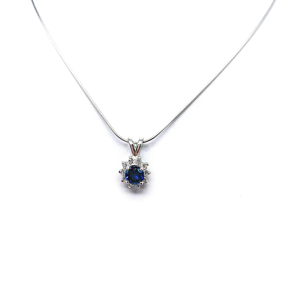 Round Lab Blue Sapphire CZ Halo Pendant – 6mm, Sterling Silver