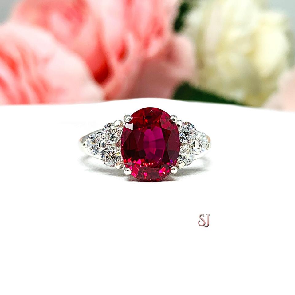 Oval-Cut Lab Ruby Ring • CZ Accents, 10x8mm, Sterling Silver, Size 7