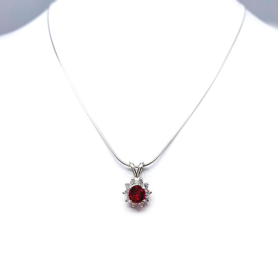 Round Lab Ruby CZ Halo Pendant Necklace – 5mm-8mm, Sterling silver