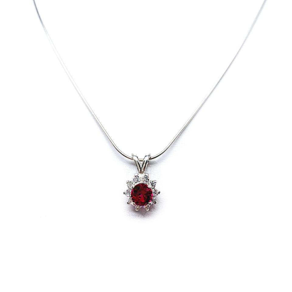 Round Lab Ruby CZ Halo Pendant Necklace – 5mm-8mm, Sterling silver