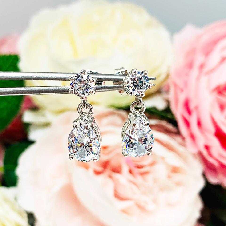 Round & Pear-Cut CZ Dangle Drop Earrings • 5mm, 10x7mm Sterling Silver