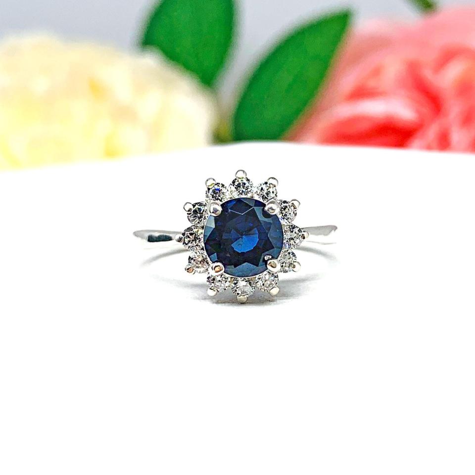 Round-Cut Lab Blue Sapphire Halo Engagement Ring • 6.5mm, Sterling Silver