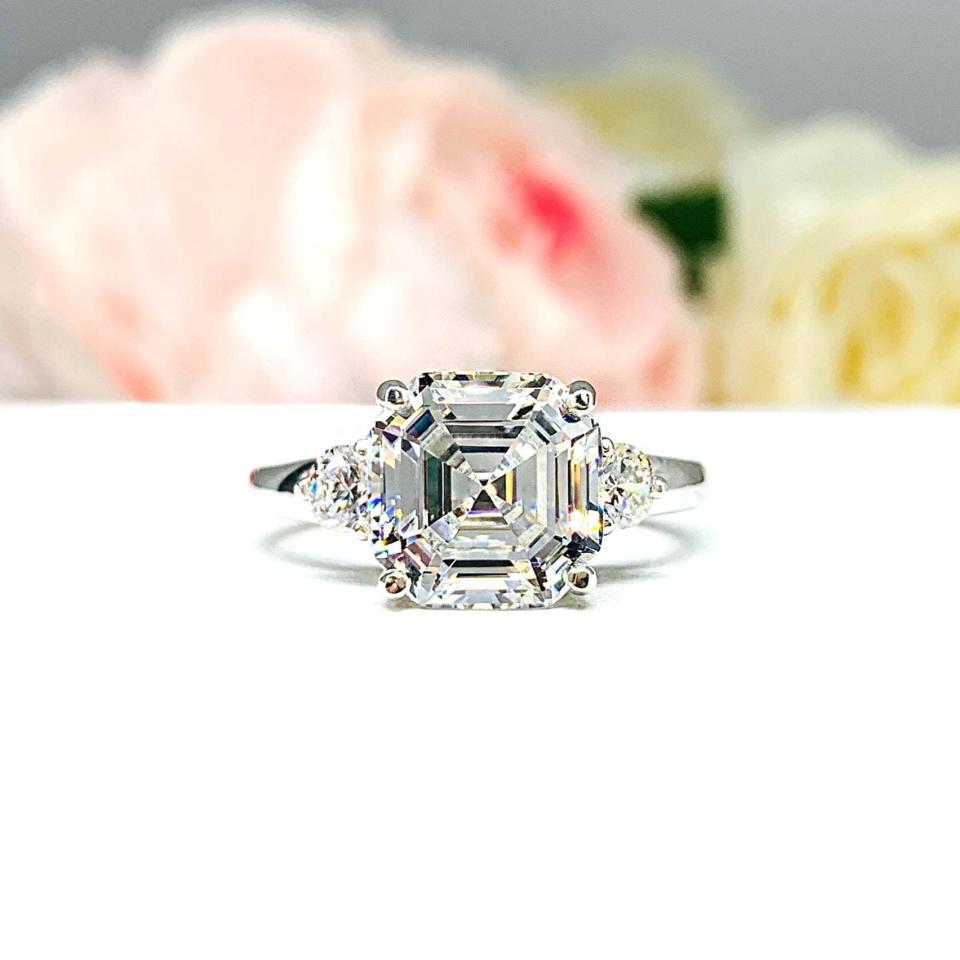 Asscher Cubic Zirconia 3-Stone Ring – 8mm-11mm, Round Accents, Sterling Silver