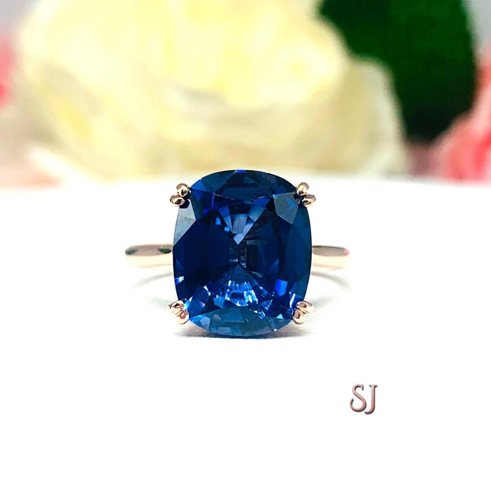 Lab Blue Sapphire Elongated Cushion Ring Size 5.75 – 12x10mm, 10k Rose Gold
