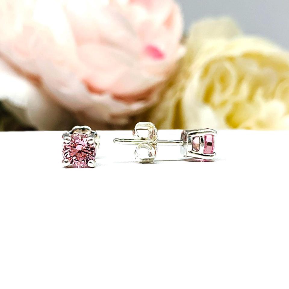 Round Lab Padparadscha Sapphire Stud Earrings – 5mm, 6.5mm, Sterling Silver