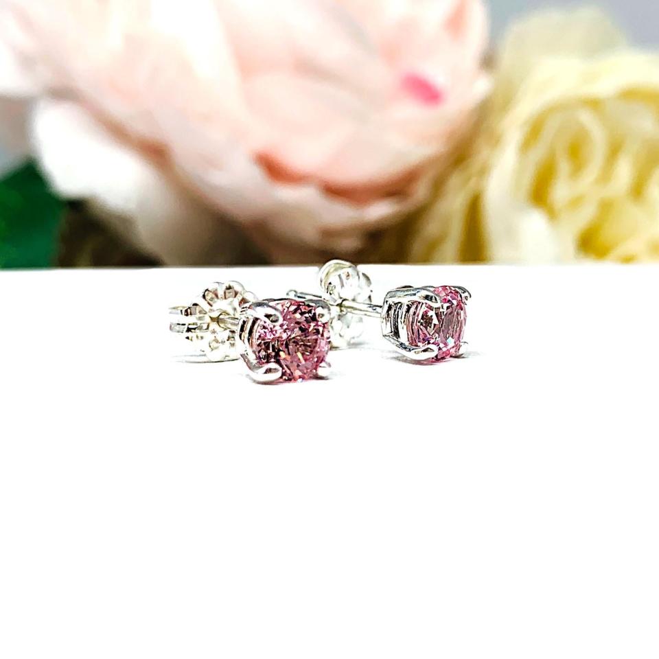 Round Lab Padparadscha Sapphire Stud Earrings – 5mm, 6.5mm, Sterling Silver