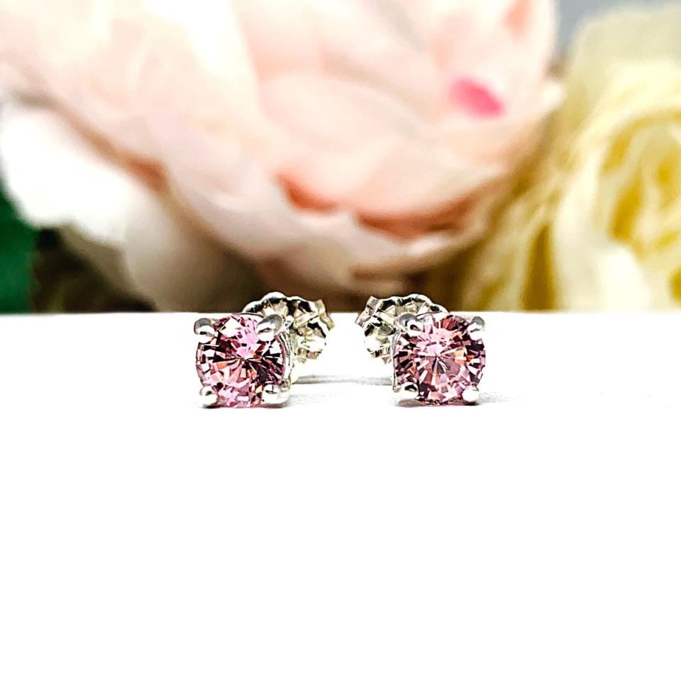 Round Lab Padparadscha Sapphire Stud Earrings – 5mm, 6.5mm, Sterling Silver