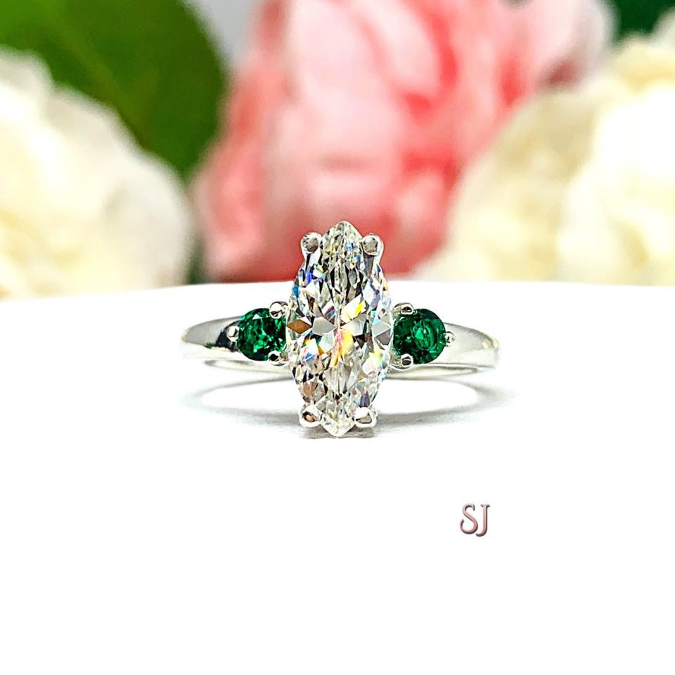 Marquise-Cut CZ & Lab Emerald Engagement Ring • 12x6mm, Sterling Silver, Size 7