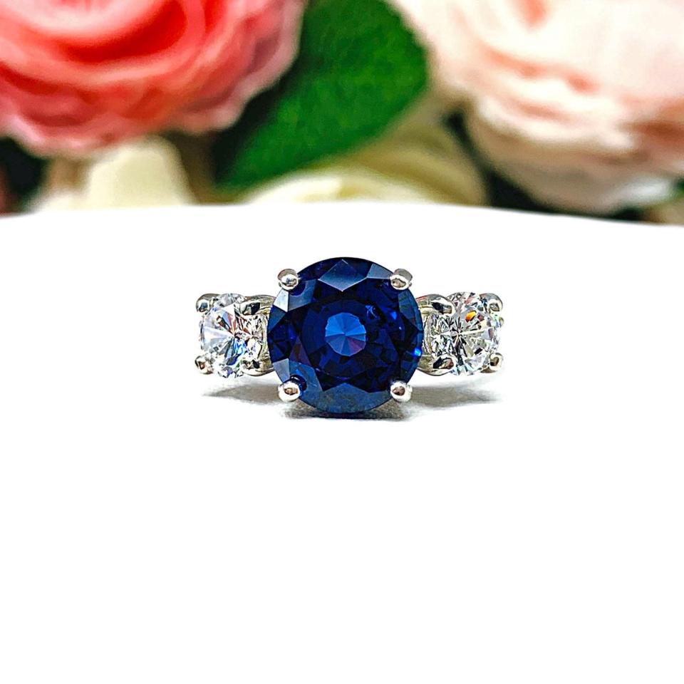 Round-Cut Lab Blue Sapphire & CZ 3-Stone Ring • 9mm Center, Sterling Silver, Size 7