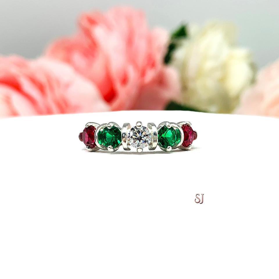 Round-Cut Lab Gemstone Christmas 5-Stone Ring • 4mm, Emerald, Ruby, CZ, Size 7