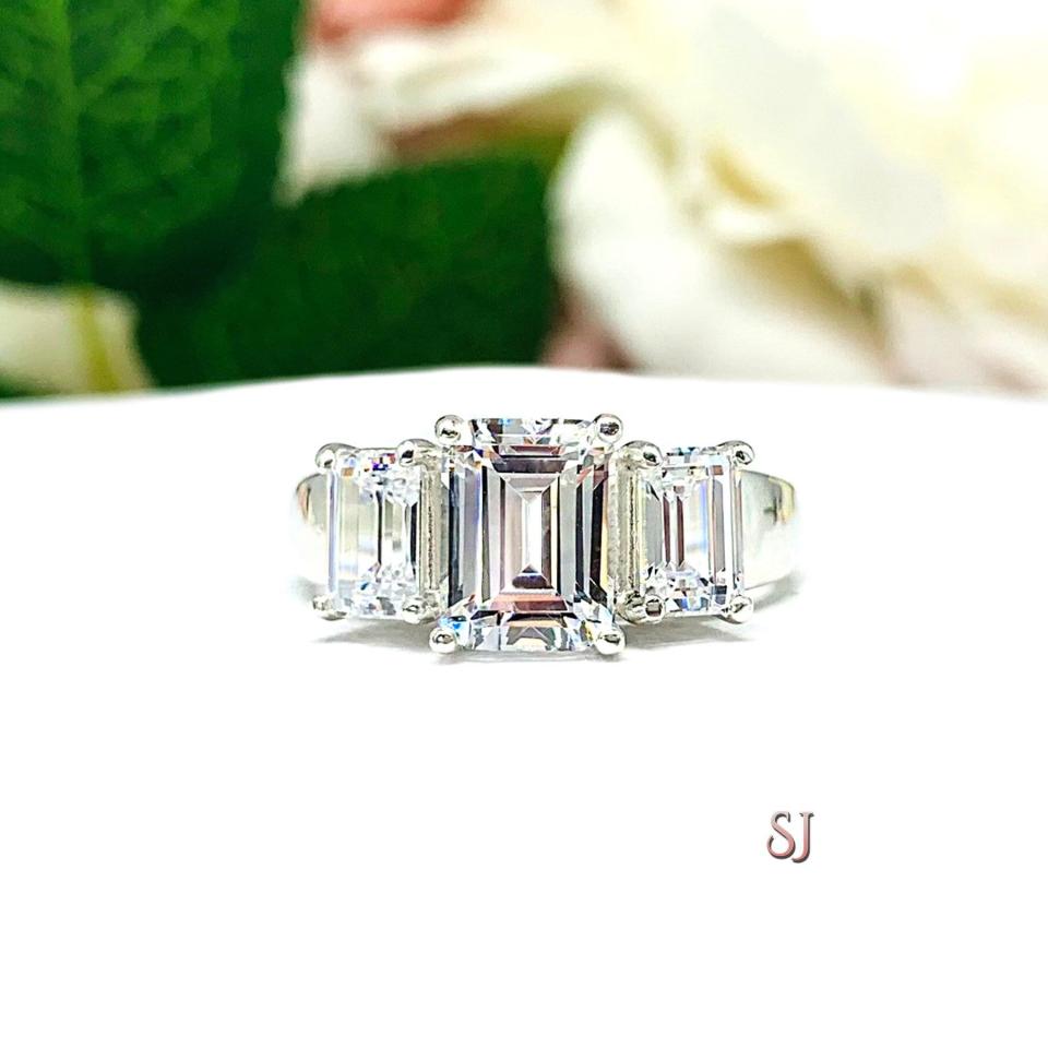 Emerald-Cut CZ 3-Stone Engagement Ring • 8x6mm Center, Sterling Silver, Size 7