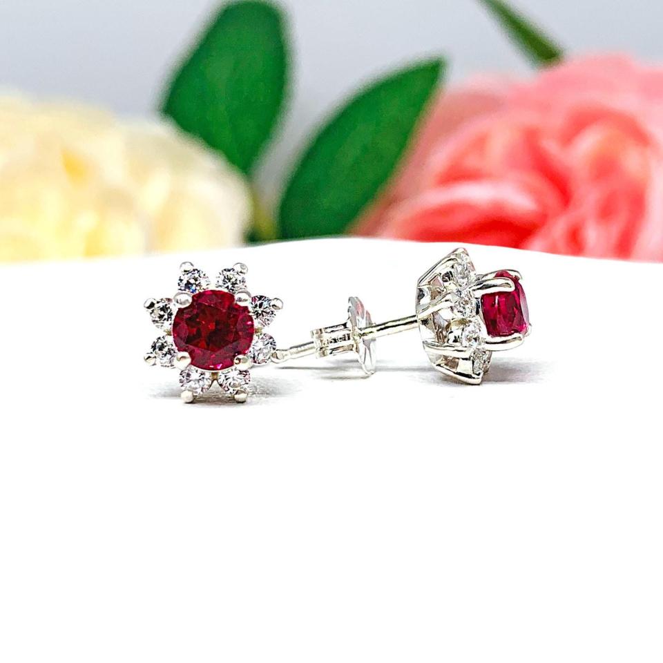 Round-Cut Lab Ruby Halo Stud Earrings • 5mm Center, Sterling Silver