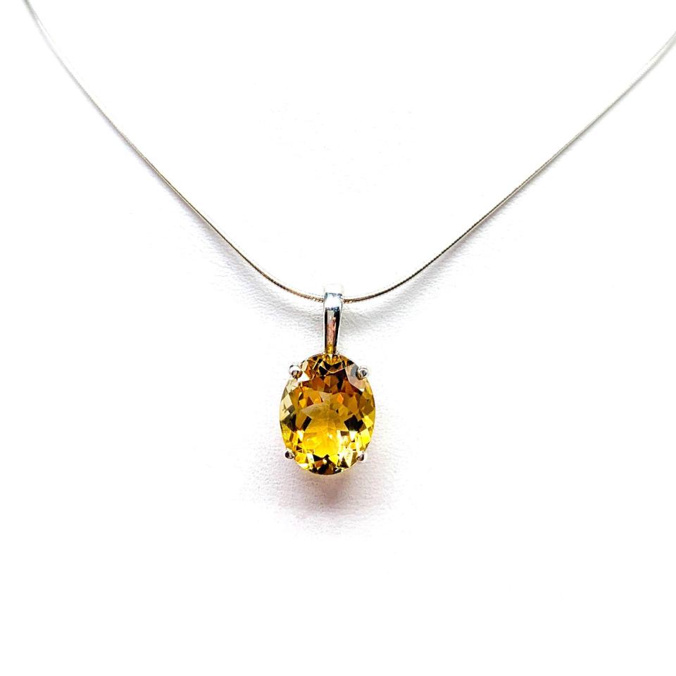 Golden Citrine Oval Pendant Necklace – 12x10mm, Sterling Silver