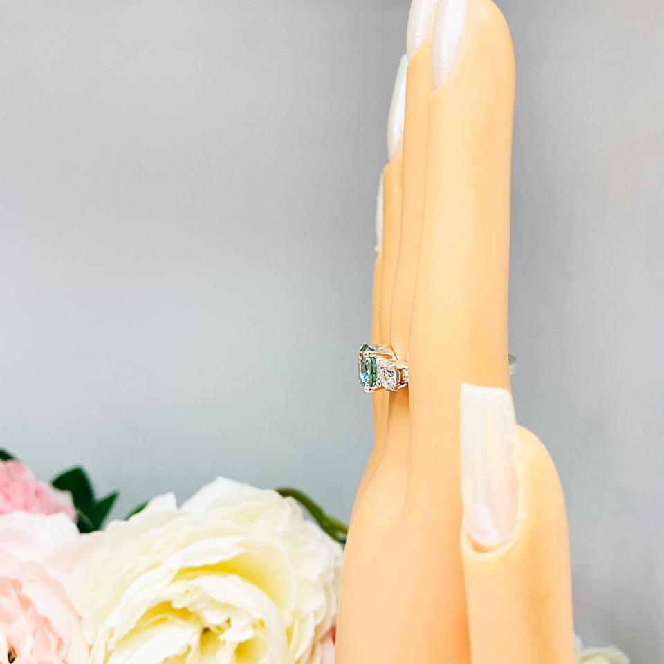 Round Sea Foam Green Moissanite Ring – 9mm, Colorless Accents, Sterling Silver