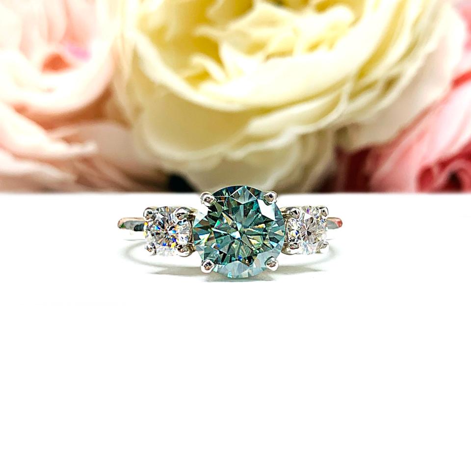 Round Sea Foam Green Moissanite Ring – 9mm, Colorless Accents, Sterling Silver