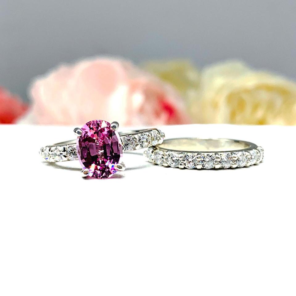 Oval-Cut Lab Pink Sapphire & CZ Engagement Ring or Bridal Set • 8x6mm—9x7mm, Sterling Silver