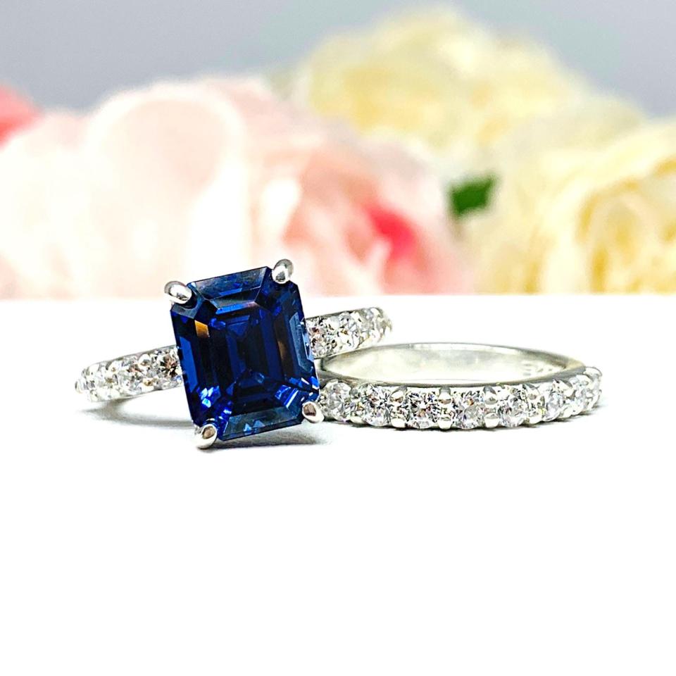 Emerald-Cut Lab Blue Sapphire & CZ Engagement Ring or Bridal Set • 8x6mm—12x10mm, Sterling Silver