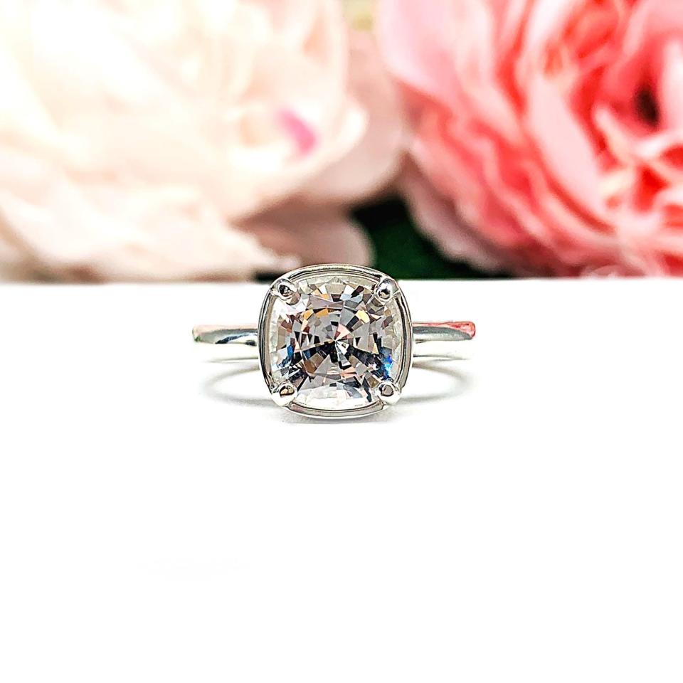 Cushion-Cut Lab White Sapphire Bezel Engagement Ring • 8mm, 9mm, Sterling Silver