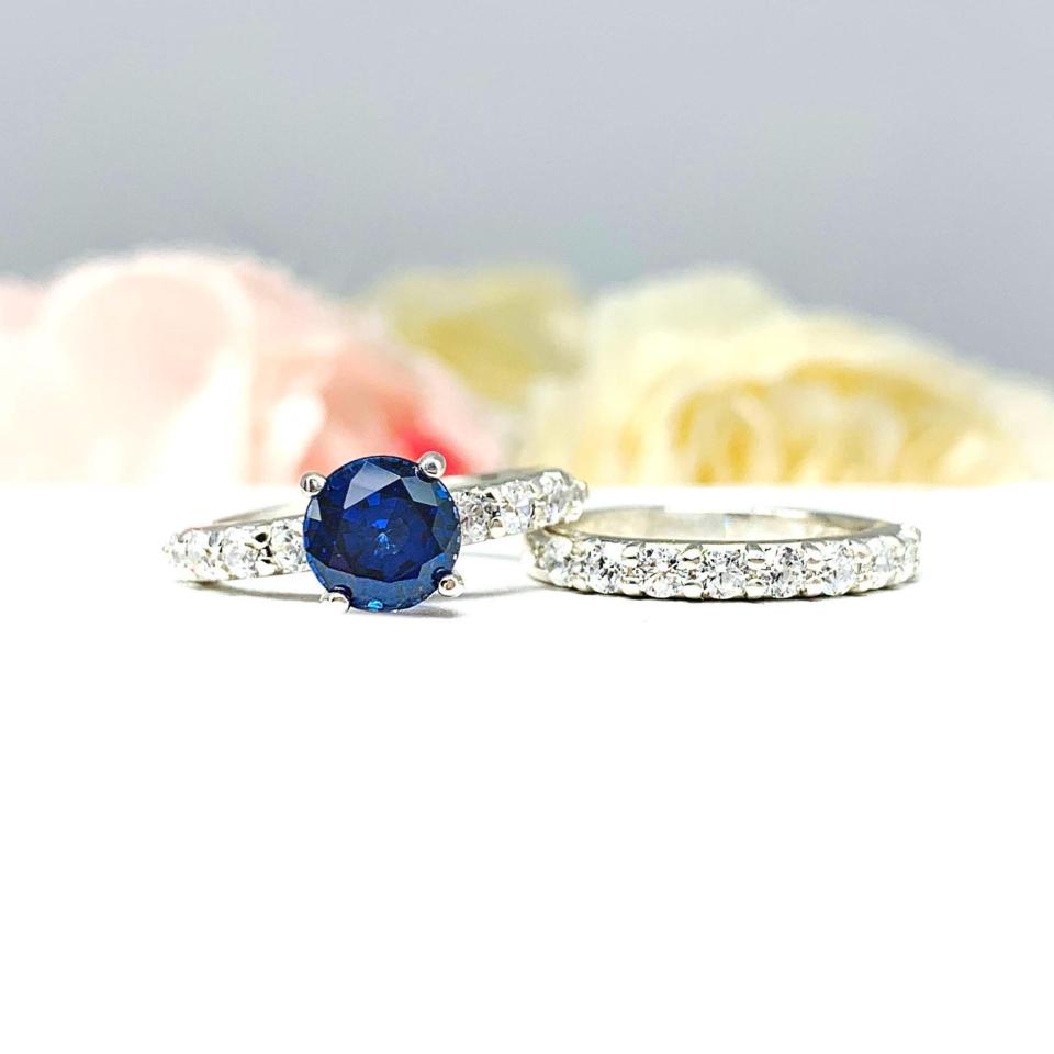 Round-Cut Lab Blue Sapphire & CZ Engagement Ring or Bridal Set • 6.5mm–8mm, Sterling Silver