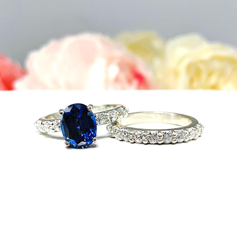 Oval-Cut Lab Blue Sapphire & CZ Engagement Ring or Bridal Set • 8x6mm—9x7mm, Sterling Silver
