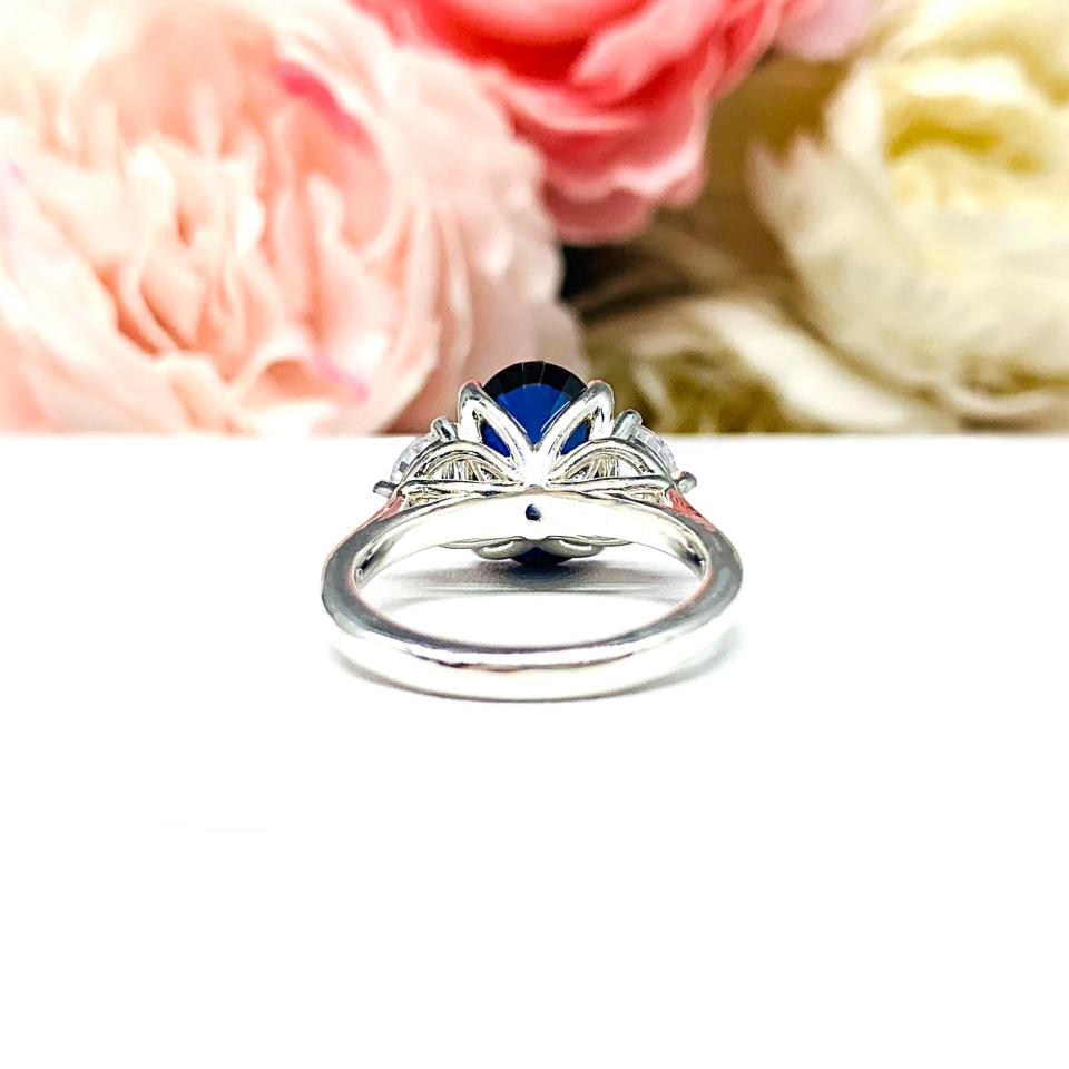 Oval-Cut Lab Blue Sapphire & Half-Moon CZ 3-Stone Ring • 12x8mm, Sterling Silver