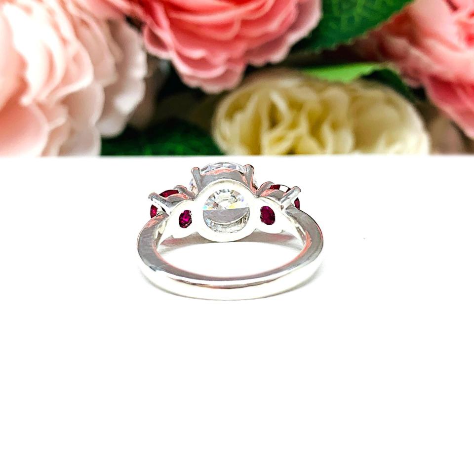 Round-Cut CZ & Lab Ruby 3-Stone Engagement Ring • 6mm—9mm, Sterling Silver