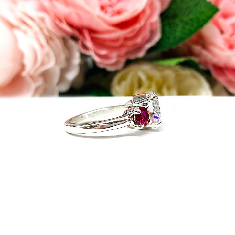Round-Cut CZ & Lab Ruby 3-Stone Engagement Ring • 6mm—9mm, Sterling Silver