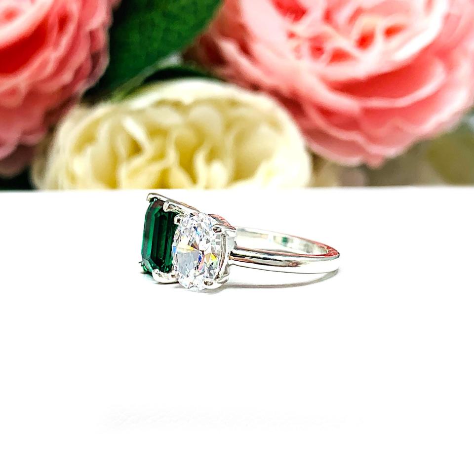 Emerald-Cut Emerald & Oval‑Cut CZ Toi Et Moi Ring • Sterling Silver