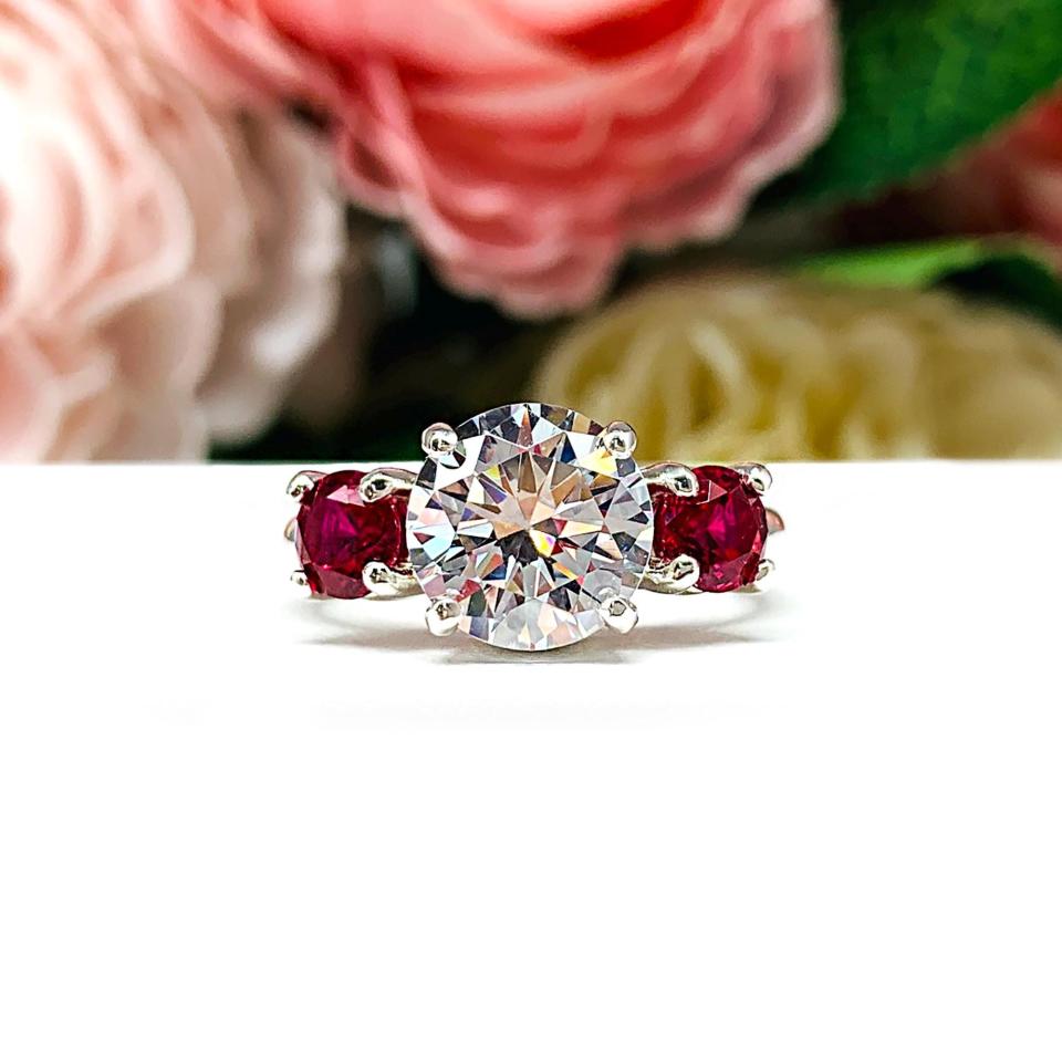Round-Cut CZ & Lab Ruby 3-Stone Engagement Ring • 6mm—9mm, Sterling Silver